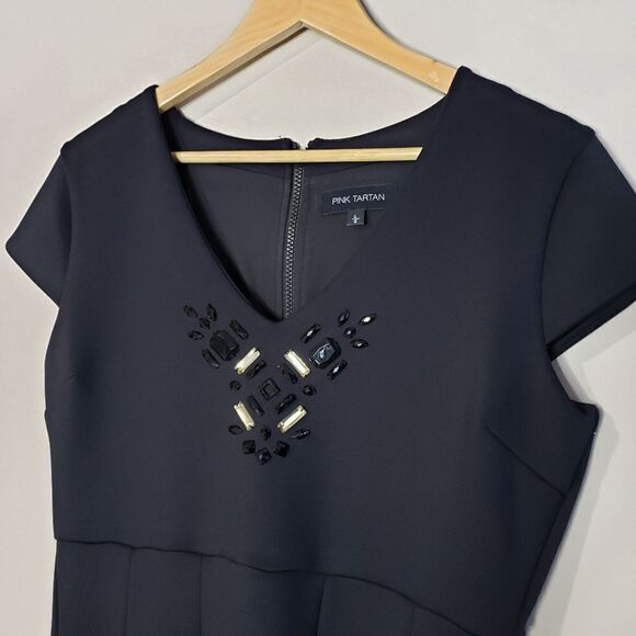 Pink Tartan Large Black Cap Sleeve Beaded V-neck Fit and Flare Dress - Picture 2 of 13